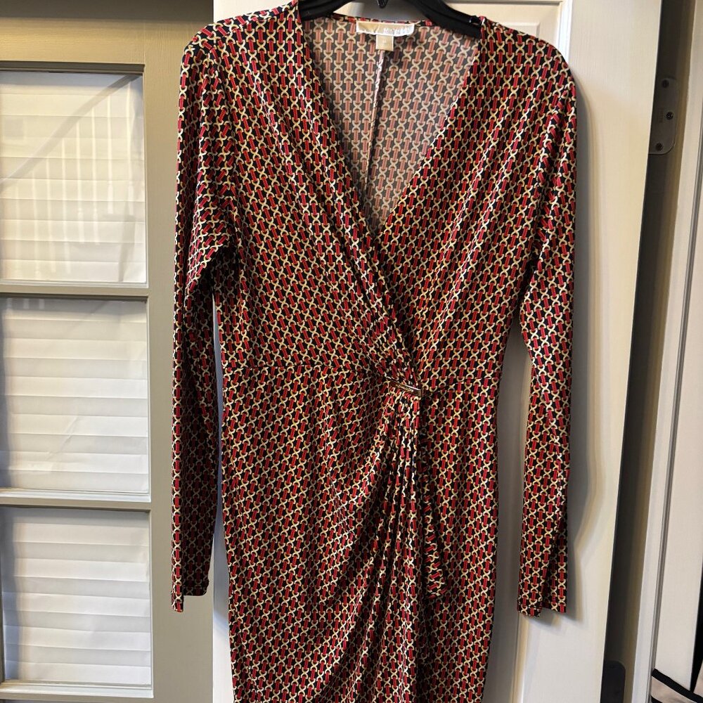 Michael Kors Red/Black/Gold Long Sleeve V-Neck Dress - Size Medium
